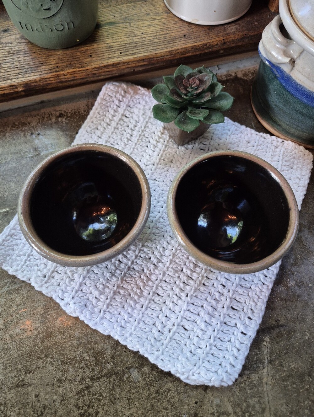 2pc. Vintage 1987 Rowe Pottery Works Blue Salt-Glazed Small Stoneware Bowls 4.5" - Picture 4 of 12